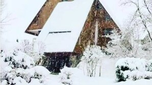 A snow-covered triangular building with a flat roof, surrounded by snow-laden trees.