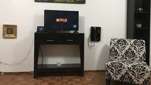 Un salon avec un téléviseur posé sur un meuble, un fauteuil à motifs, un tableau accroché au mur et une petite étagère.