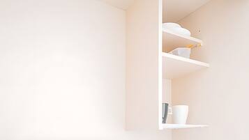 Fridge, microwave, stovetop, electric kettle