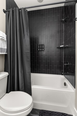 Hair dryer, towels, soap, shampoo