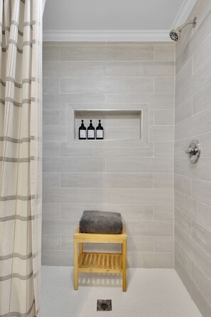 Shower, eco-friendly toiletries, hair dryer, towels