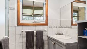 Shower, hair dryer, towels