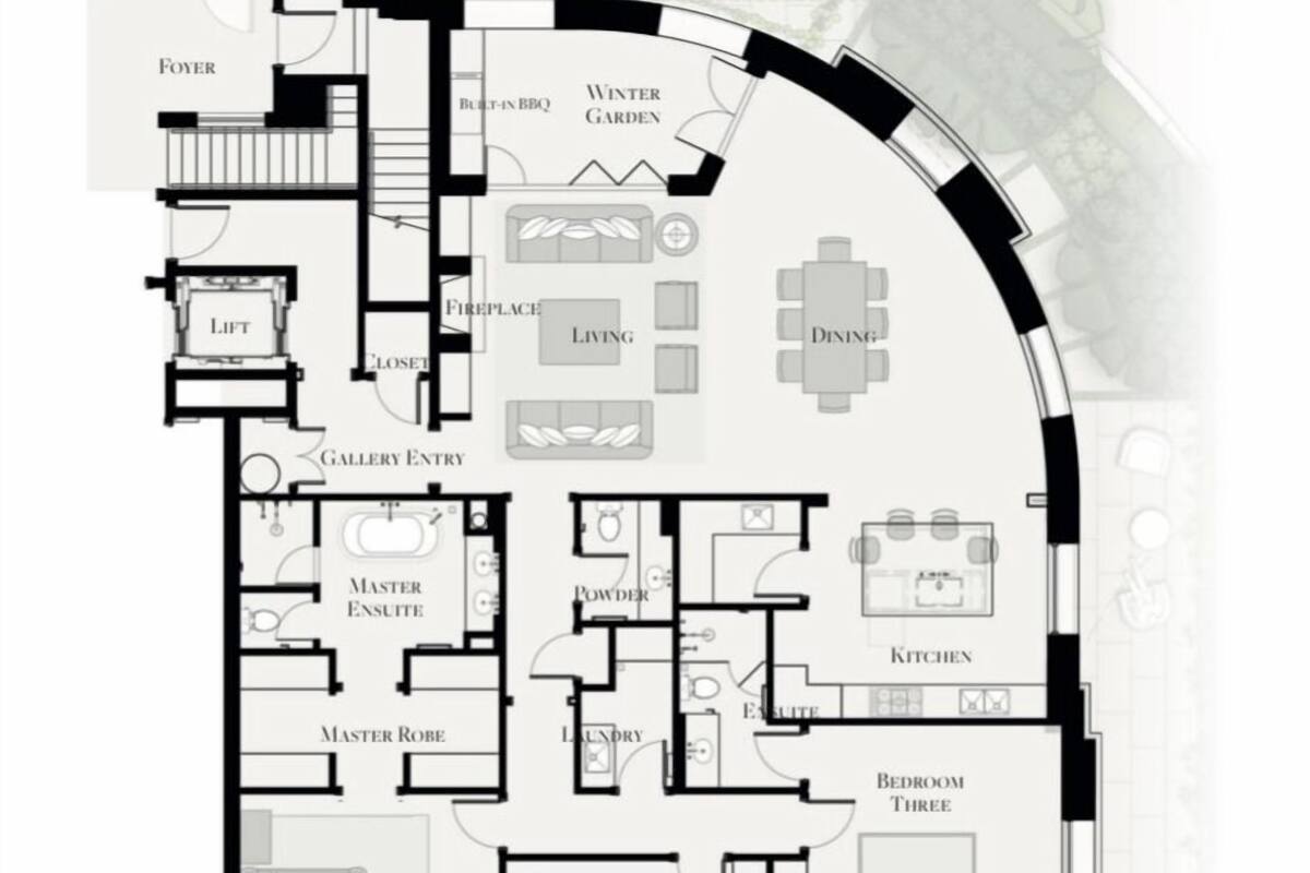 A floor plan of a house with a winter garden, dining area, living room, fireplace, and multiple bedrooms.