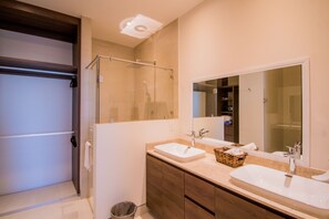 Hair dryer, towels, soap, shampoo