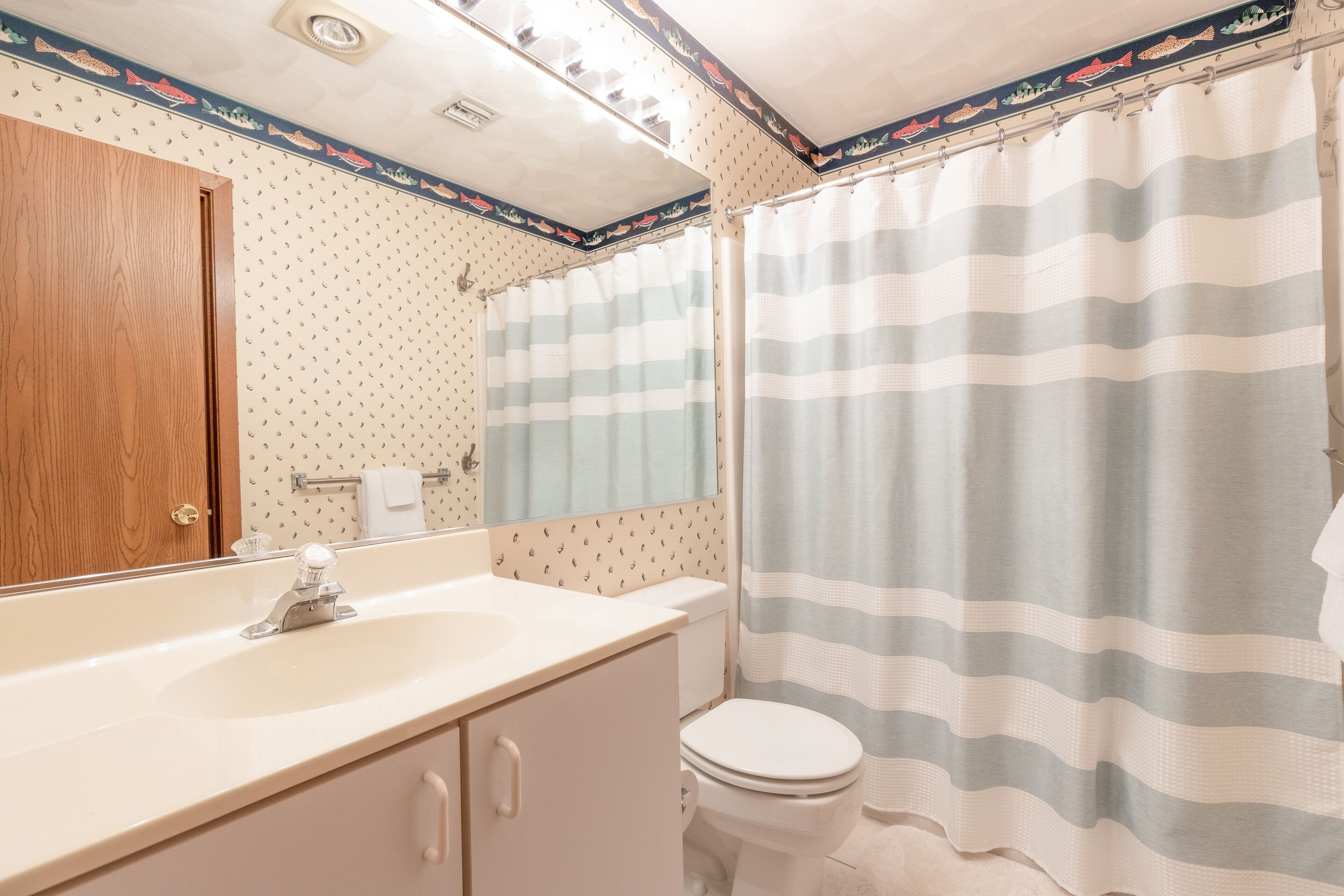 Une salle de bain avec une porte en bois, un lavabo avec un miroir, des toilettes et un rideau de douche à rayures.