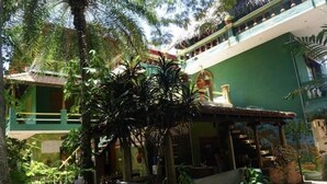 Un edificio verde con una escalera, rodeado de abundante vegetación y un gran árbol.
