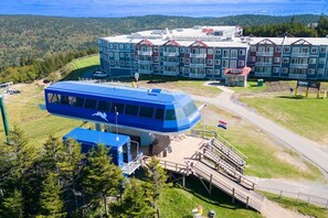 A large multi-story building with a blue and red exterior, surrounded by a forested area.