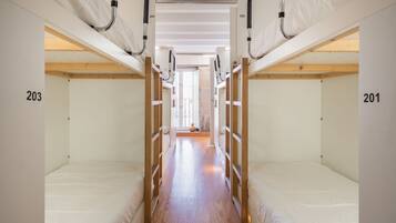 A corridor with bunk beds numbered 203 and 201, wooden flooring, and a view into a room with a window.