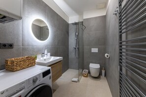 Hair dryer, towels, toilet paper