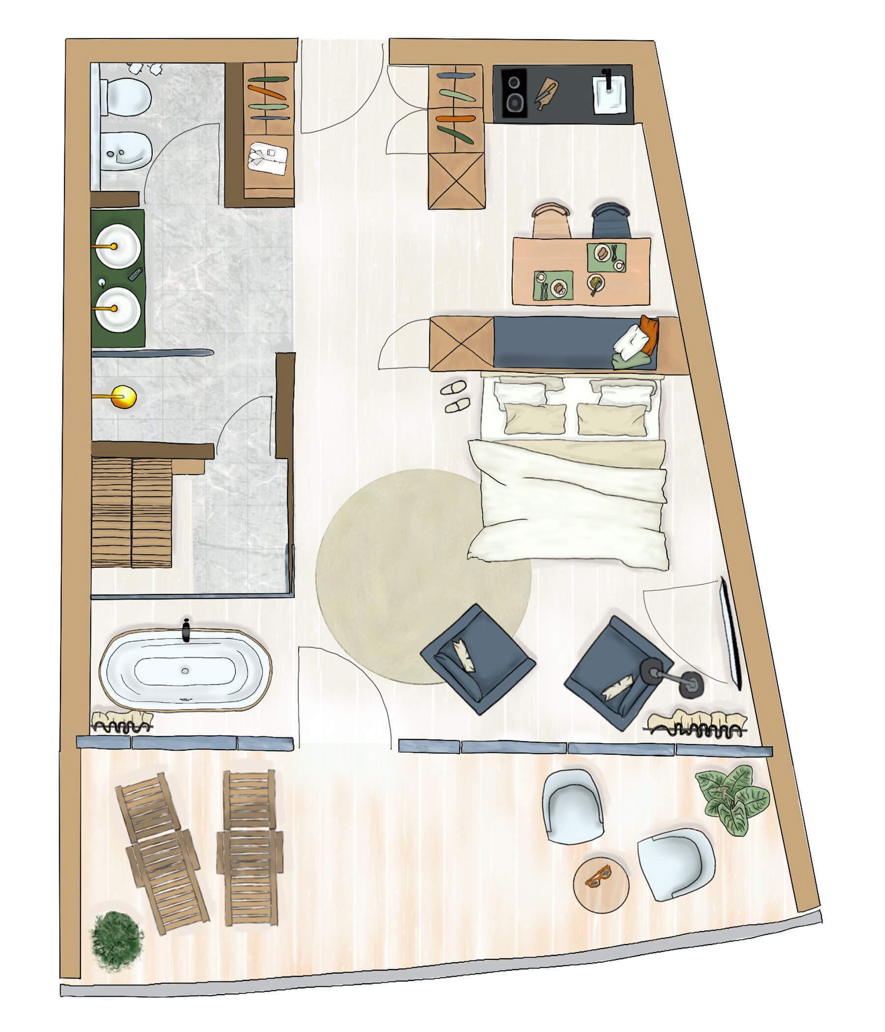 Plano de planta de una habitación de hotel con baño, kitchenette, zona de comedor y rincón de estar con sofá y sillones.