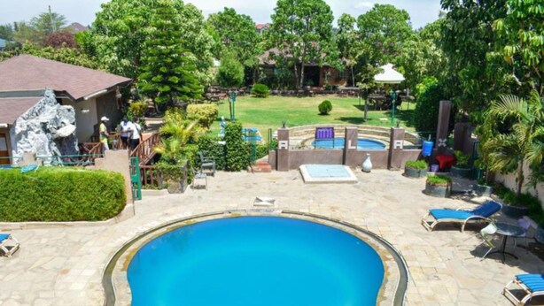 A swimming pool with lounge chairs, a rock sculpture, and a well-maintained garden with trees and a lawn.
