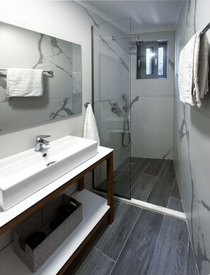 Deluxe Apartment, 1 Bedroom, City View | Bathroom | Shower, hair dryer, towels, soap - RodosRooms (Rhodes)