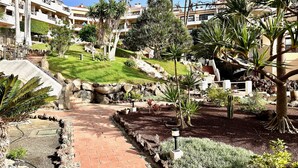 Un patio de hotel con un sendero empedrado, palmeras y una pequeña cascada.