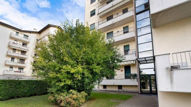 Edificio residenziale con ingresso pavimentato e giardino curato con un grande albero.