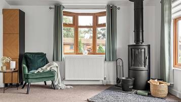 Een gezellige kamer met een groene fauteuil, een witte radiator, een zwarte kachel en uitzicht naar buiten door een raam met groene gordijnen.