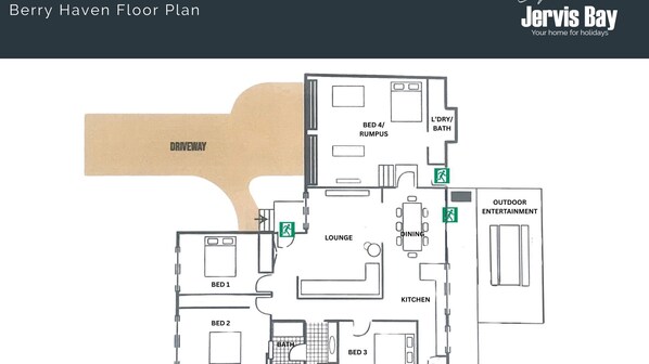 A floor plan of a hotel with a driveway, 4 bedrooms, a lounge, dining area, kitchen, bathroom, outdoor entertainment, and a dry/bath area.