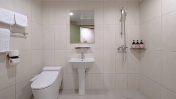 Hair dryer, slippers, bidet, towels