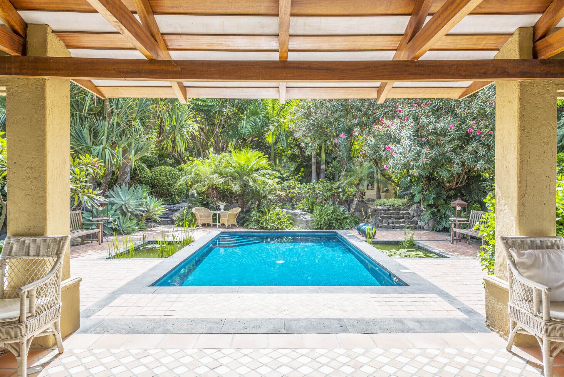 A pool area with a pergola overhead, surrounded by lush tropical plants and seating arrangements.