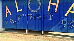 Un bâtiment bleu sur lequel on peut lire les mots « ALOHA PUWALU BEACH » et qui est décoré de palmiers.