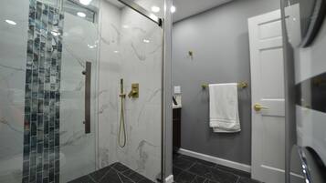 Shower, hair dryer, bidet, towels