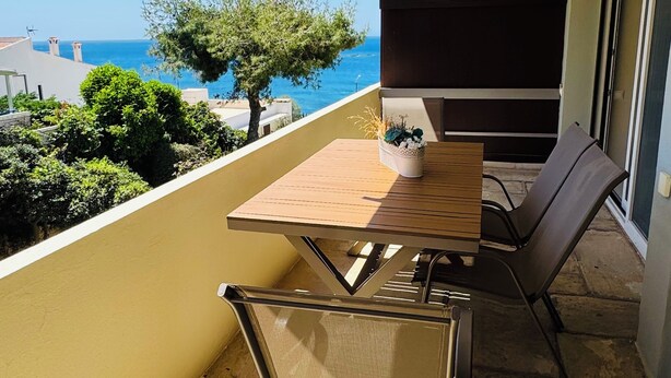Un balcon avec une table et des chaises, une vue sur la mer et un arbre.