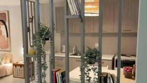 Un salon moderne comprenant une bibliothèque, un canapé et un coin repas avec une table et des chaises.