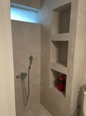 Douche, articles de toilette (gratuits), séchoir à cheveux