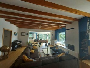 Fireplace, computer monitors, printers