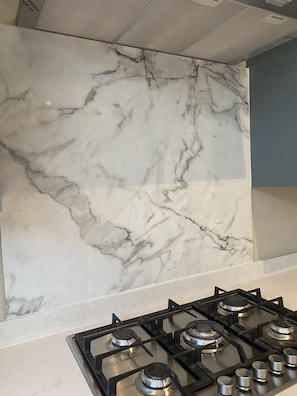 Contemporary kitchen with a gas stove and oven, featuring a classic backsplash design.