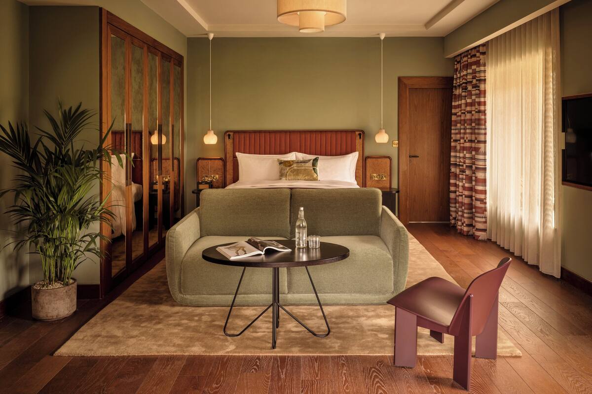Habitación de hotel con cama, sofá, una mesita, una silla, televisor, planta y ventana con cortinas.