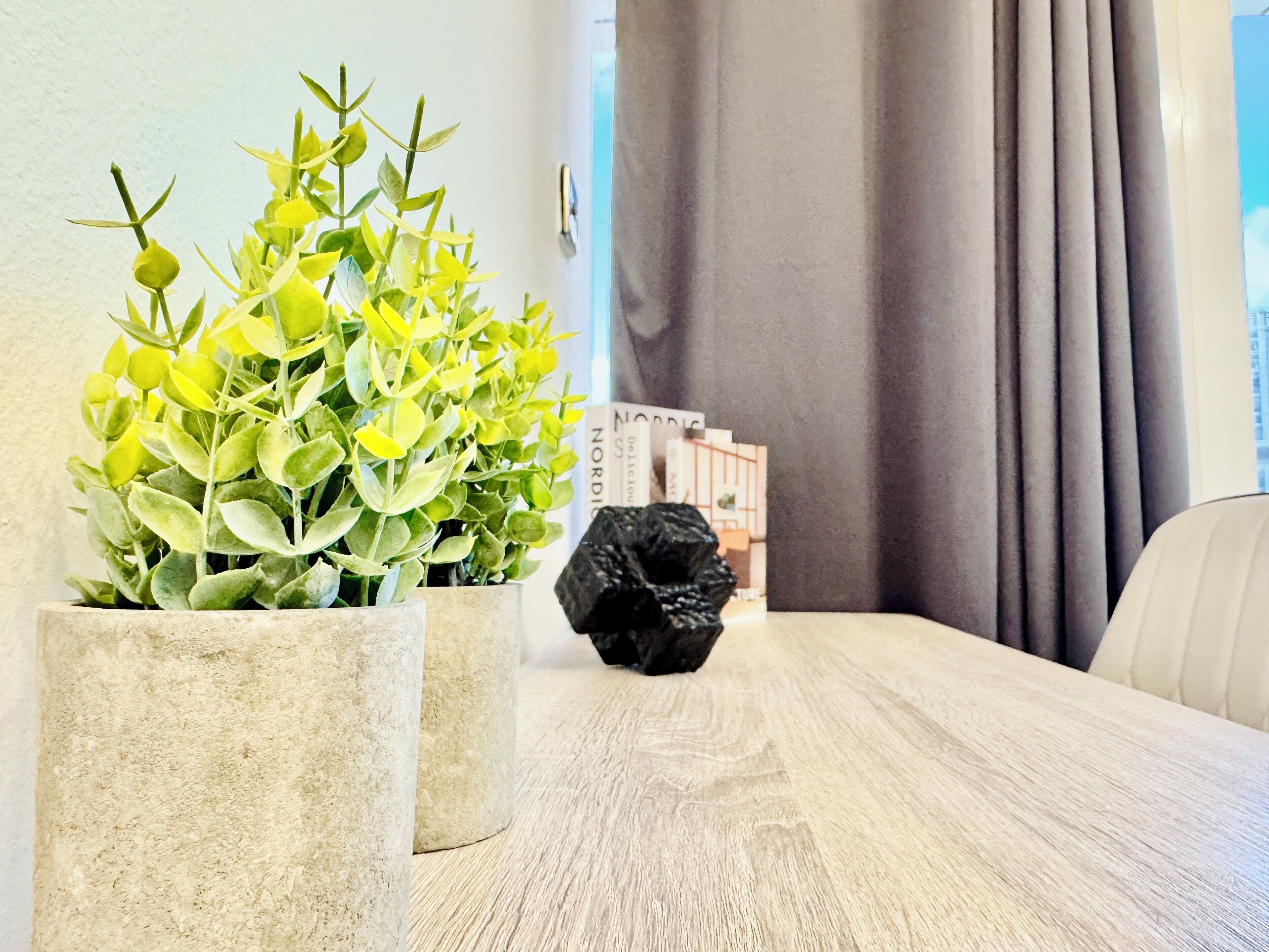 Una mesa de madera con dos plantas en macetas y un objeto negro.