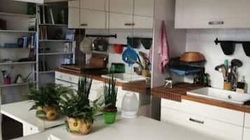 Coffee/tea maker, fridge, oven, cookware/dishes/utensils