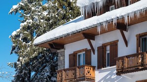 A building with wooden balconies and snow-covered trees. - Le Chalet d'Antoine (Megeve)