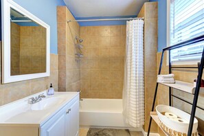 Hair dryer, towels, soap, shampoo