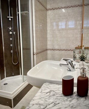 Shower, hair dryer, bidet, towels