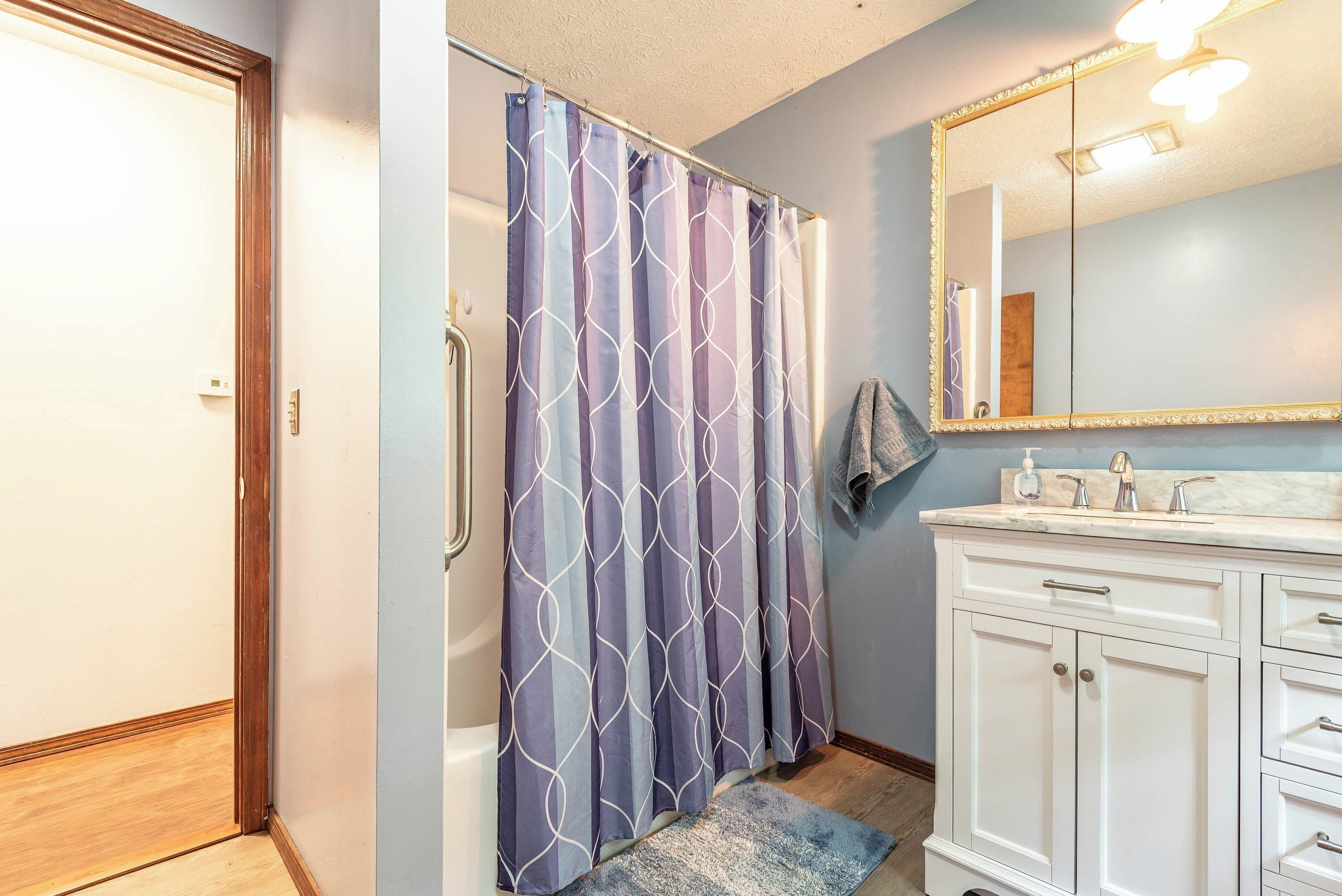 Hair dryer, towels, soap, shampoo