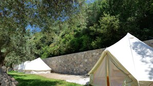 Un camping con tiendas de campaña montadas cerca de un muro de piedra y árboles.