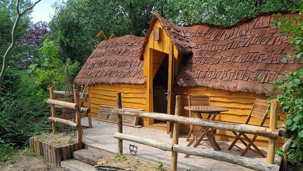 Een rustieke houten blokhut met rieten dak, een houten terras en een bankje.