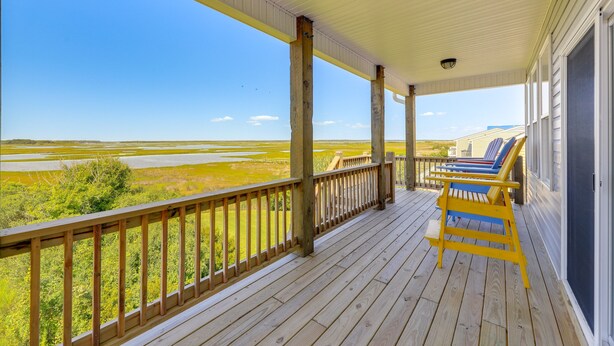 Una terraza de madera con barandilla que da vista a un paisaje pantanoso.