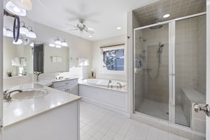 Combined shower/tub, hair dryer, towels, toilet paper