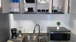 A compact kitchen with a built-in microwave, a coffee maker, and a small potted plant. - La Casa Blanca 1 (Carolina)