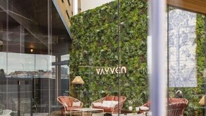 A modern interior with a glass wall, a green vertical garden, and seating areas with white and brown chairs. - Hotel Málaga Vibes (Málaga)