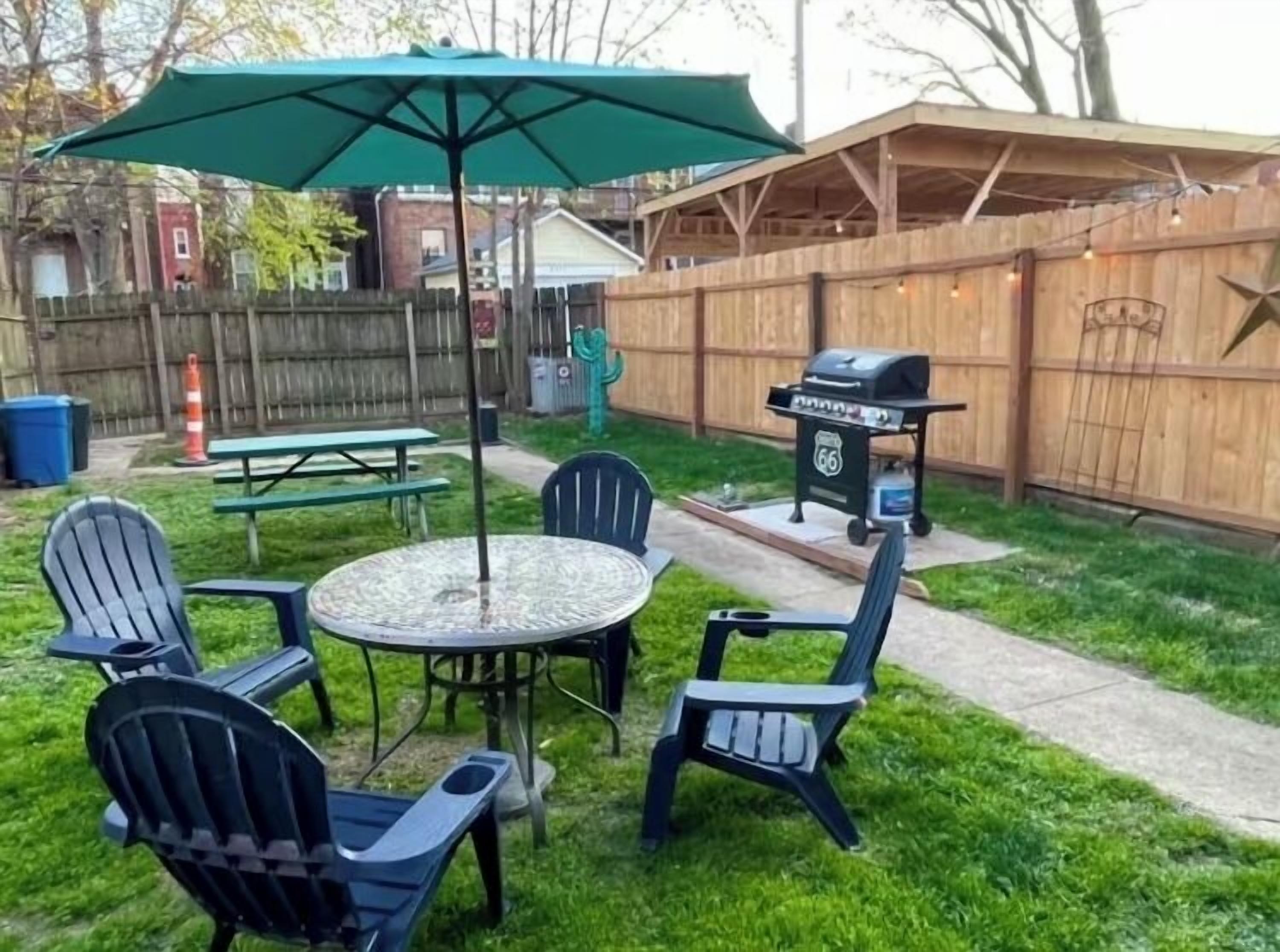 Private fenced in yard, outdoor lighting, gas grill with easy shut off