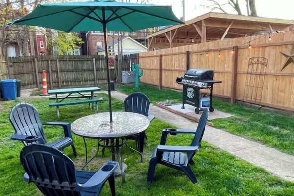 Private fenced in yard, outdoor lighting, gas grill with easy shut off