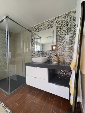 Shower, hair dryer, bidet, towels