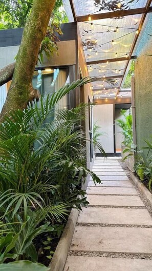 A narrow stone pathway flanked by lush greenery and a glass structure with string lights. - Muuk Boutique Hotel Campestre (Medellín)