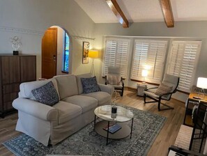 Smart TV, fireplace, books