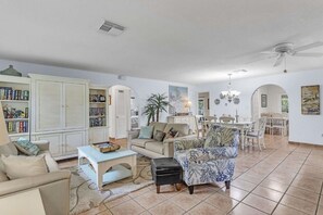 Smart TV, fireplace, books