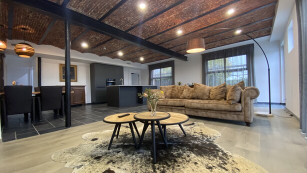 A modern living room with a cowhide rug, a sofa, and a coffee table. - HVN10 B&B (Stabroek)