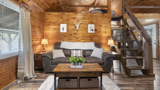 Interior acogedor de una cabaña con detalles de madera, un sofá, una mesa baja con plantas, una cabeza de venado montada en la pared y una escalera.